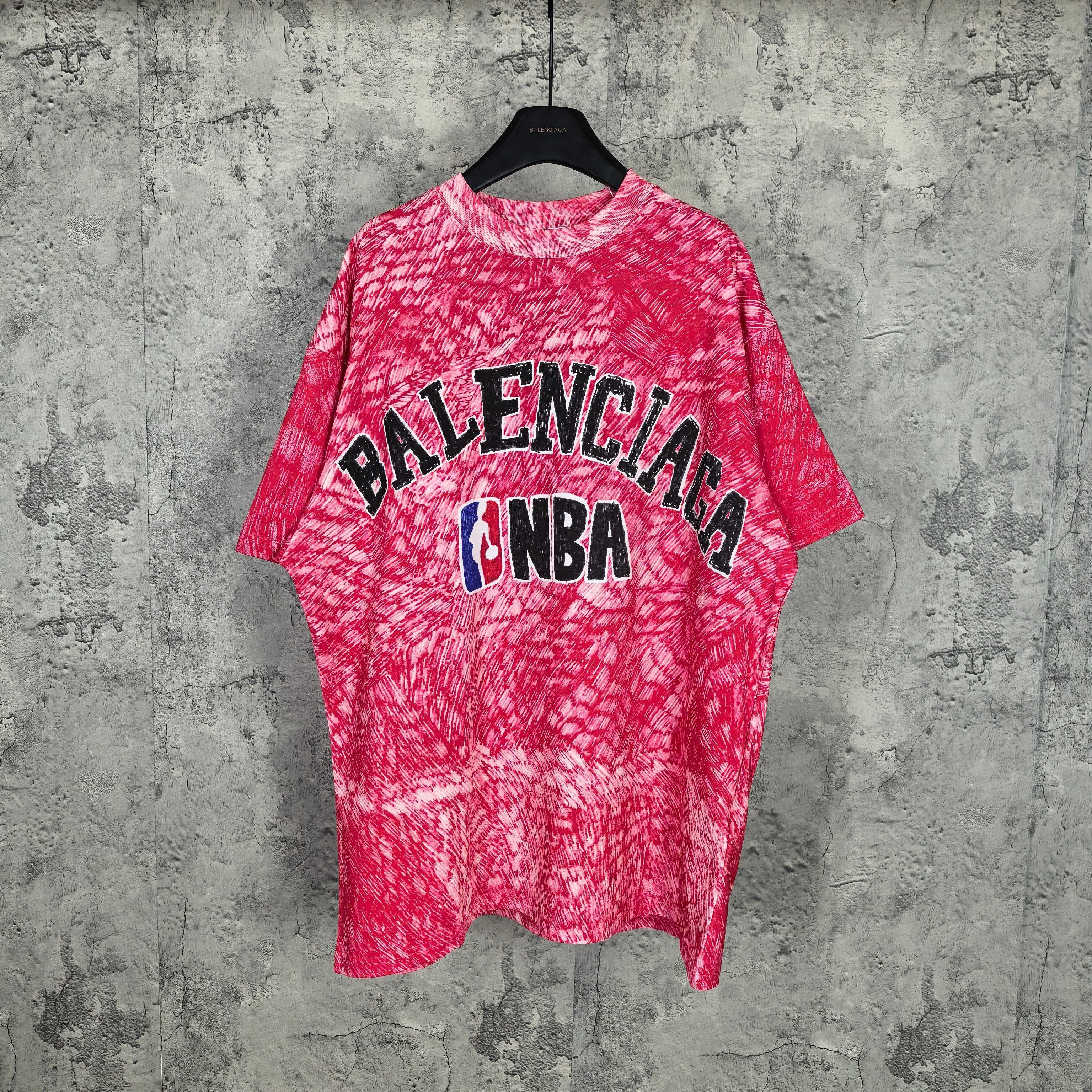 Balenciaga short-sleeve T-shirt, red heather with large BALENCIAGA and NBA logo print