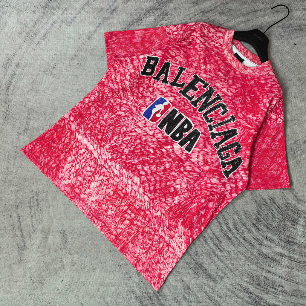 Balenciaga short-sleeve T-shirt, red heather with BALENCIAGA and NBA logo, laid flat