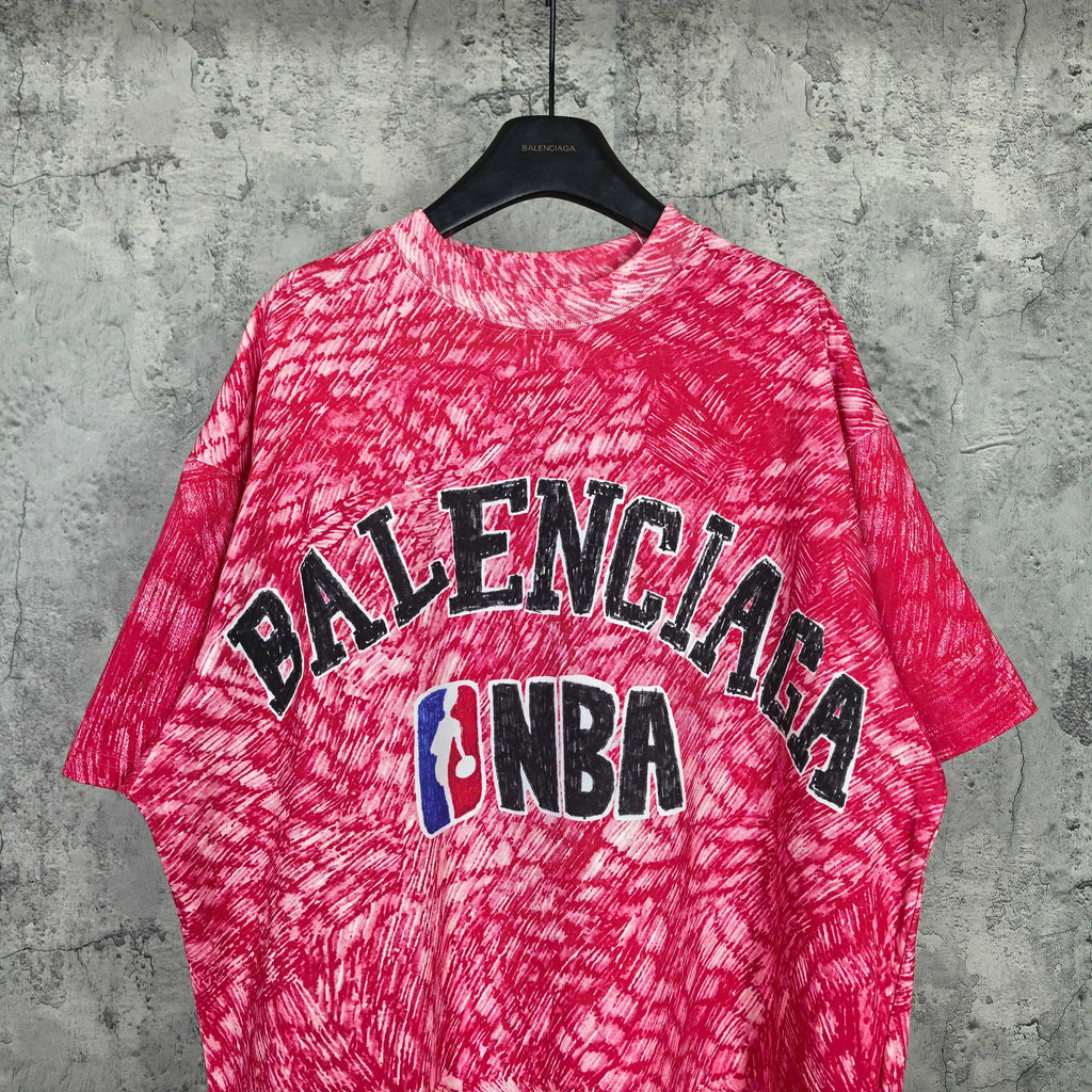 Balenciaga short-sleeve T-shirt, red heather with BALENCIAGA and NBA graphic at chest
