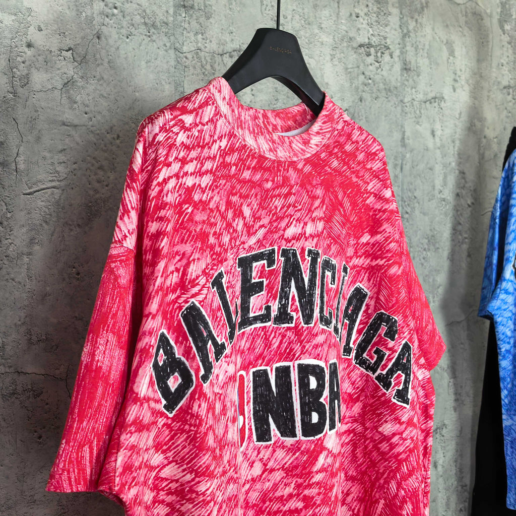 Balenciaga short-sleeve T-shirt, red heather with BALENCIAGA and NBA logo front