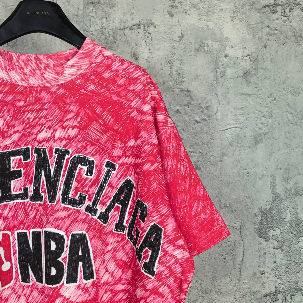 Balenciaga short-sleeve T-shirt, red with partial BALENCIAGA and NBA logo near shoulder