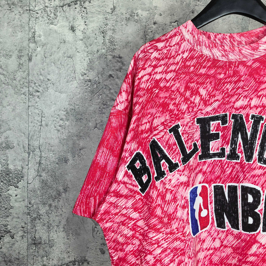 Balenciaga short-sleeve T-shirt, red heather with partial BALENCIAGA and NBA graphics