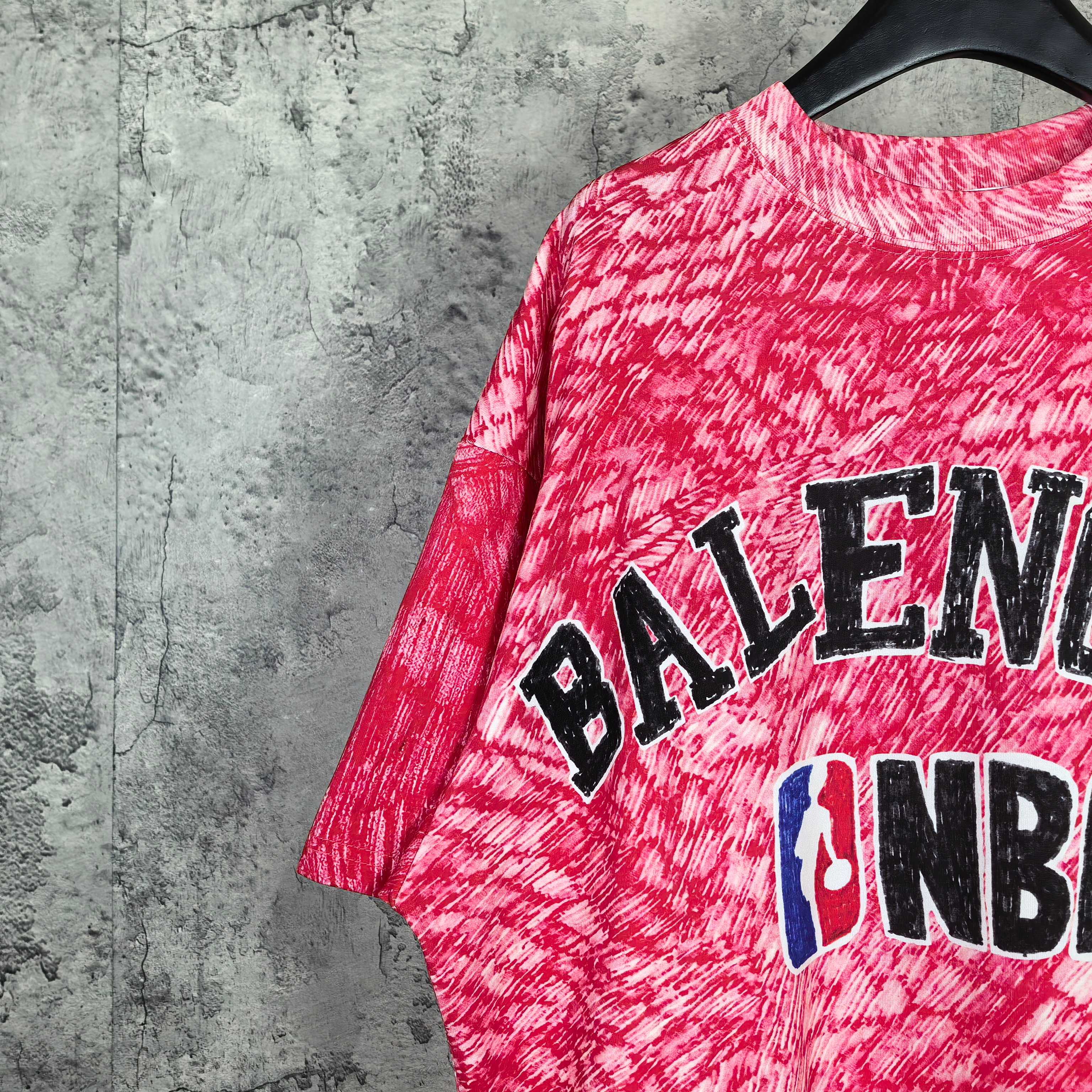 Balenciaga short-sleeve T-shirt, red heather with partial BALENCIAGA and NBA graphics