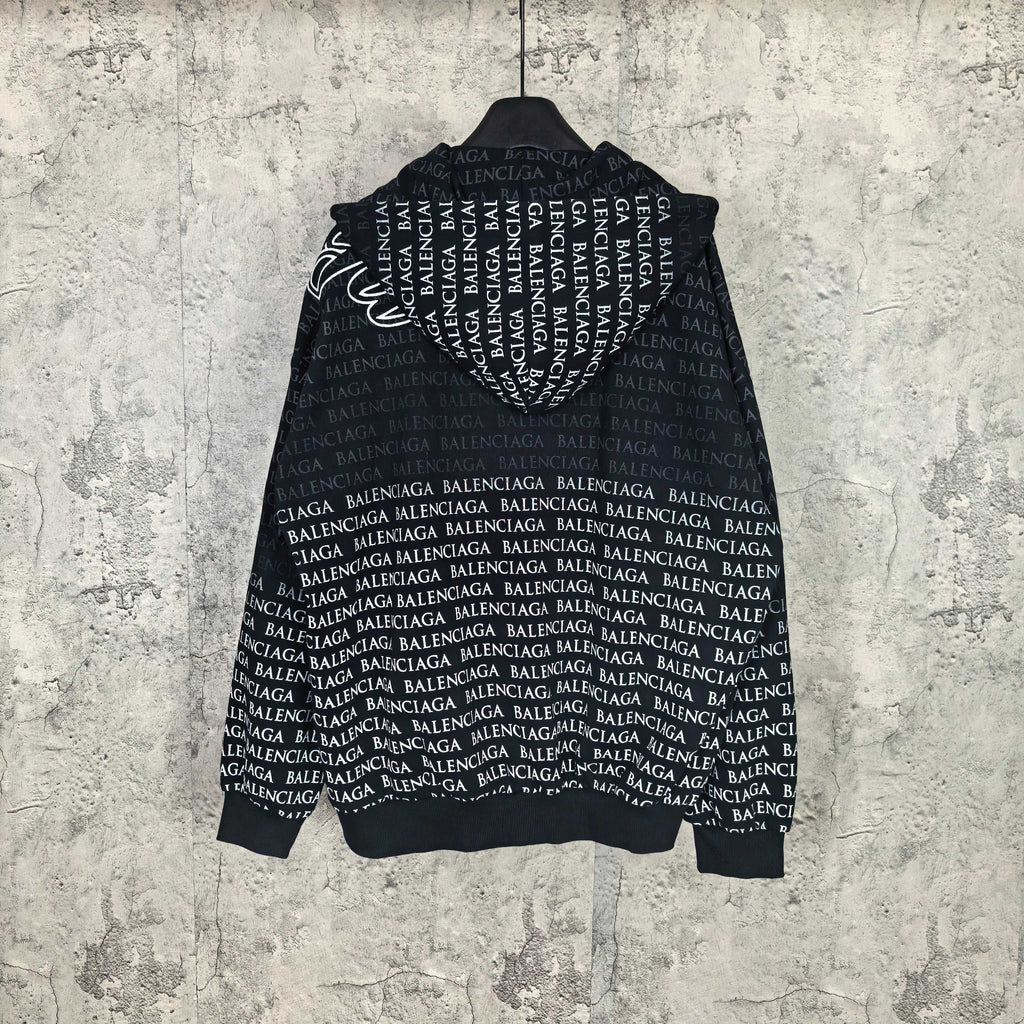 Balenciaga zip-up hoodie, black with allover repeating BALENCIAGA text; hood and zipper