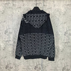 Balenciaga zip-up hoodie, black with allover repeating BALENCIAGA text; hood and zipper