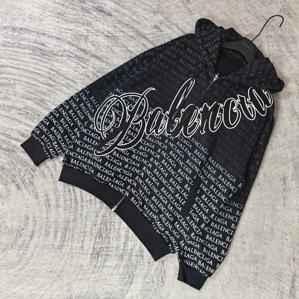 Balenciaga zip-up hoodie, black with allover repeating text and large white graphic