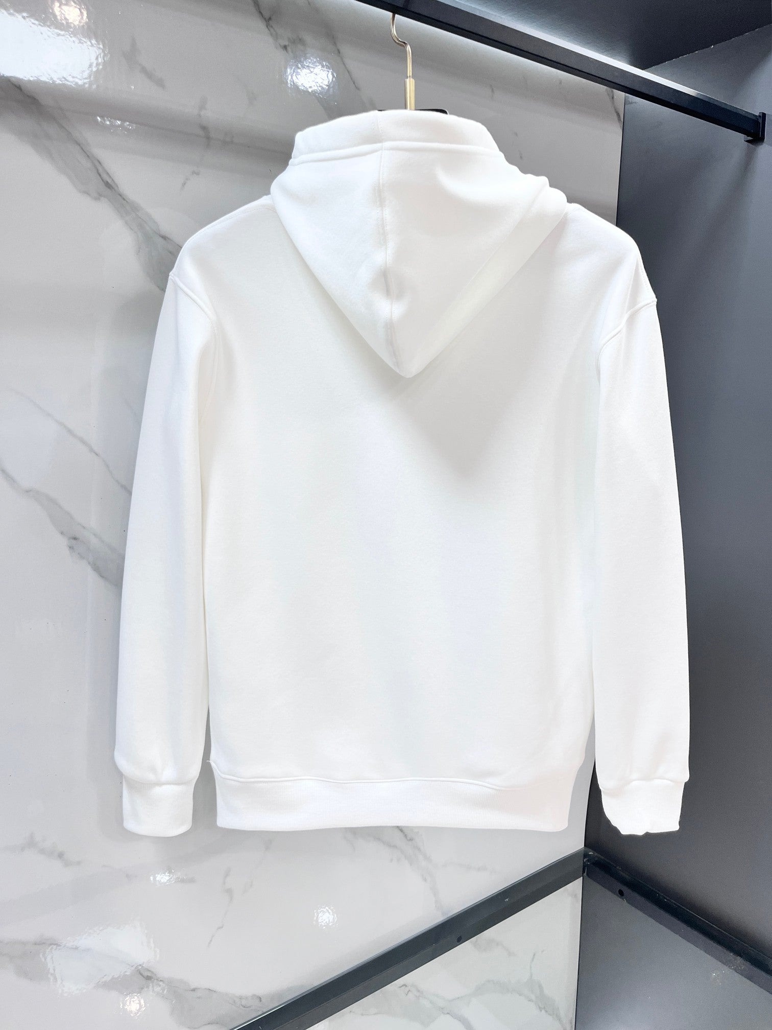 White hooded sweatshirt with drawstrings, plain back view