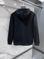 Dark hooded sweatshirt with drawstrings, plain back view
