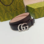 Brown leather belt with curved silver double-G buckle