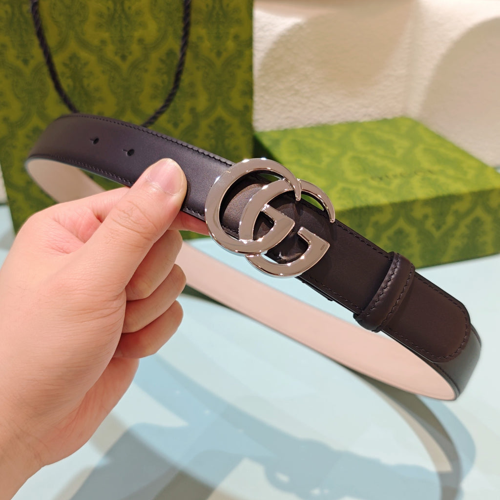 Dark brown leather belt with silver double-G buckle