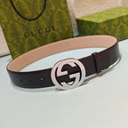 Gucci belt in dark leather with round double-G buckle and silver-tone hardware