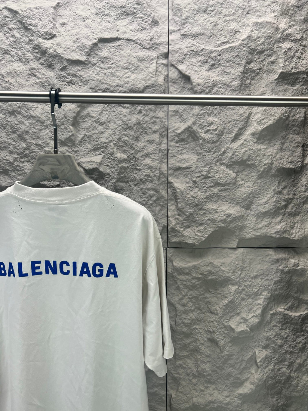 White T-shirt back with partial blue Balenciaga logo, relaxed fit