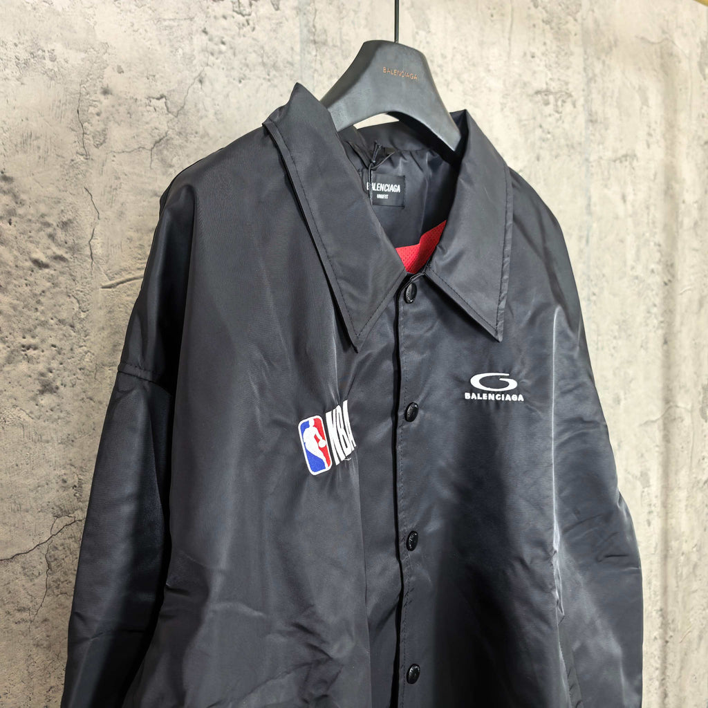 Dark navy jacket with spread collar, button front, NBA patch and Balenciaga logo