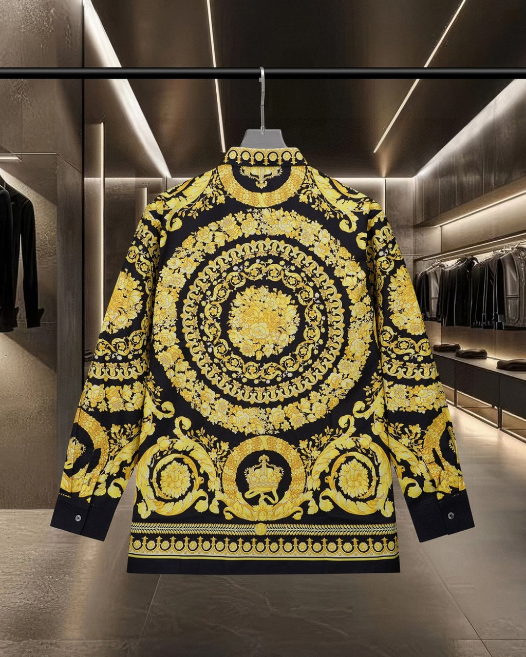 Versace button-up shirt with large gold medallion pattern on black, long sleeves