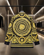 Versace button-up shirt with large gold medallion pattern on black, long sleeves