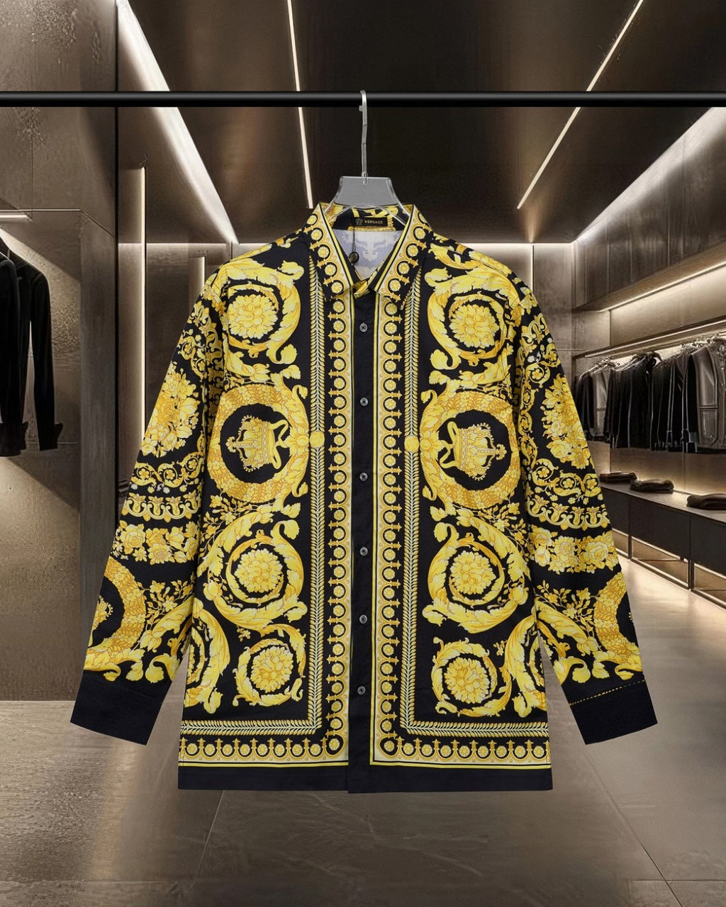 Versace button-up shirt with gold baroque print, black collar and placket