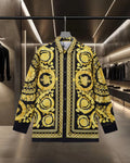 Versace button-up shirt with gold baroque print, black collar and placket