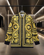 Versace button-up shirt with gold baroque print, black collar and placket