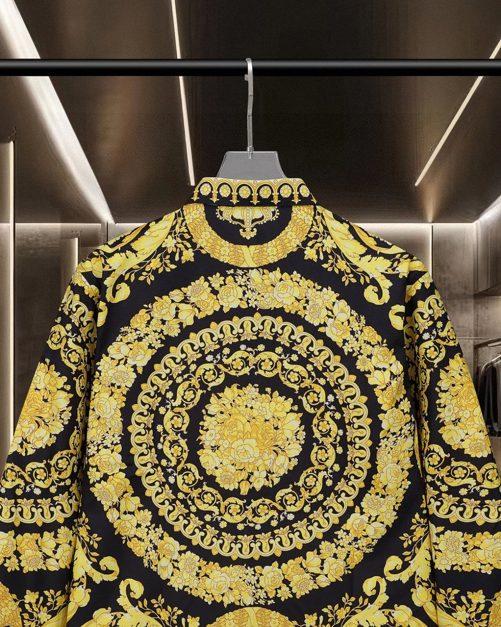 Versace button-up shirt back, gold circular medallion and ornate scrolls on black