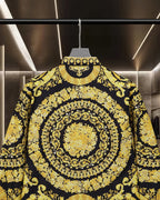 Versace button-up shirt back, gold circular medallion and ornate scrolls on black