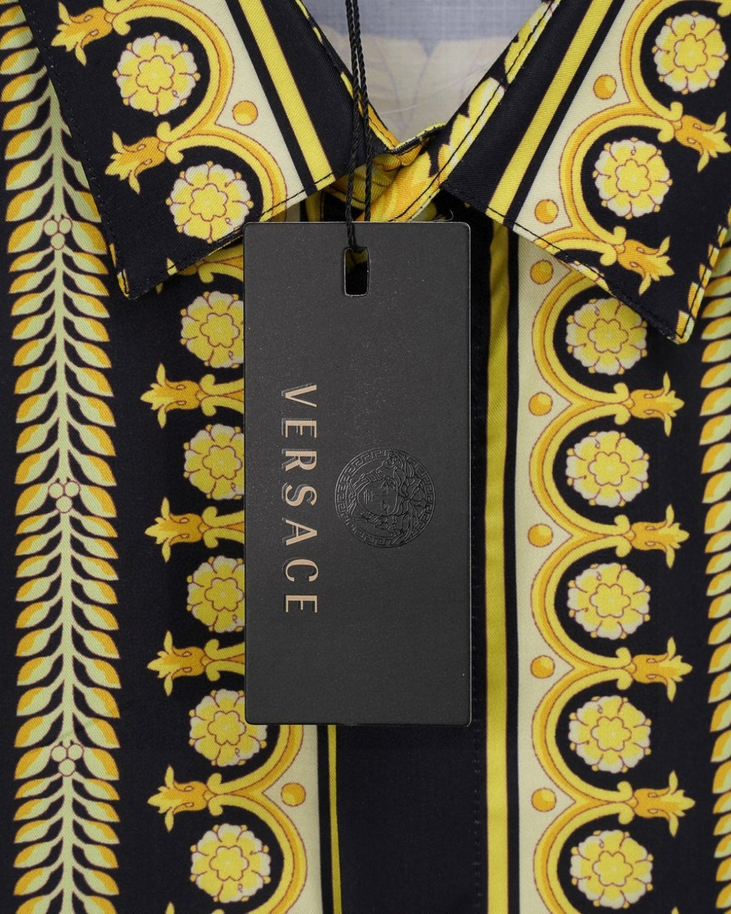 Versace shirt with hanging size tag, gold and black baroque patterned collar