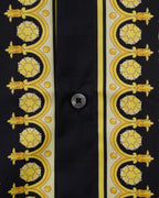 Versace shirt placket close-up, black with gold ornate border and button