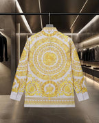 Versace button-up shirt back view with large yellow baroque medallion print