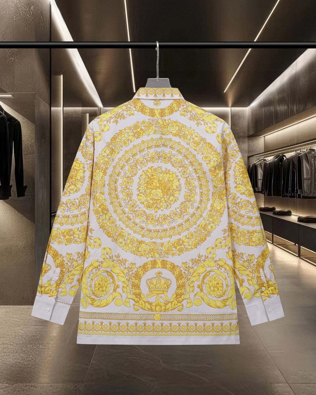 Versace button-up shirt back view with large yellow baroque medallion print