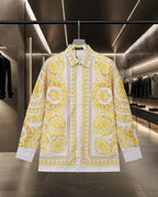 Versace button-up shirt with yellow baroque print, white placket, pointed collar