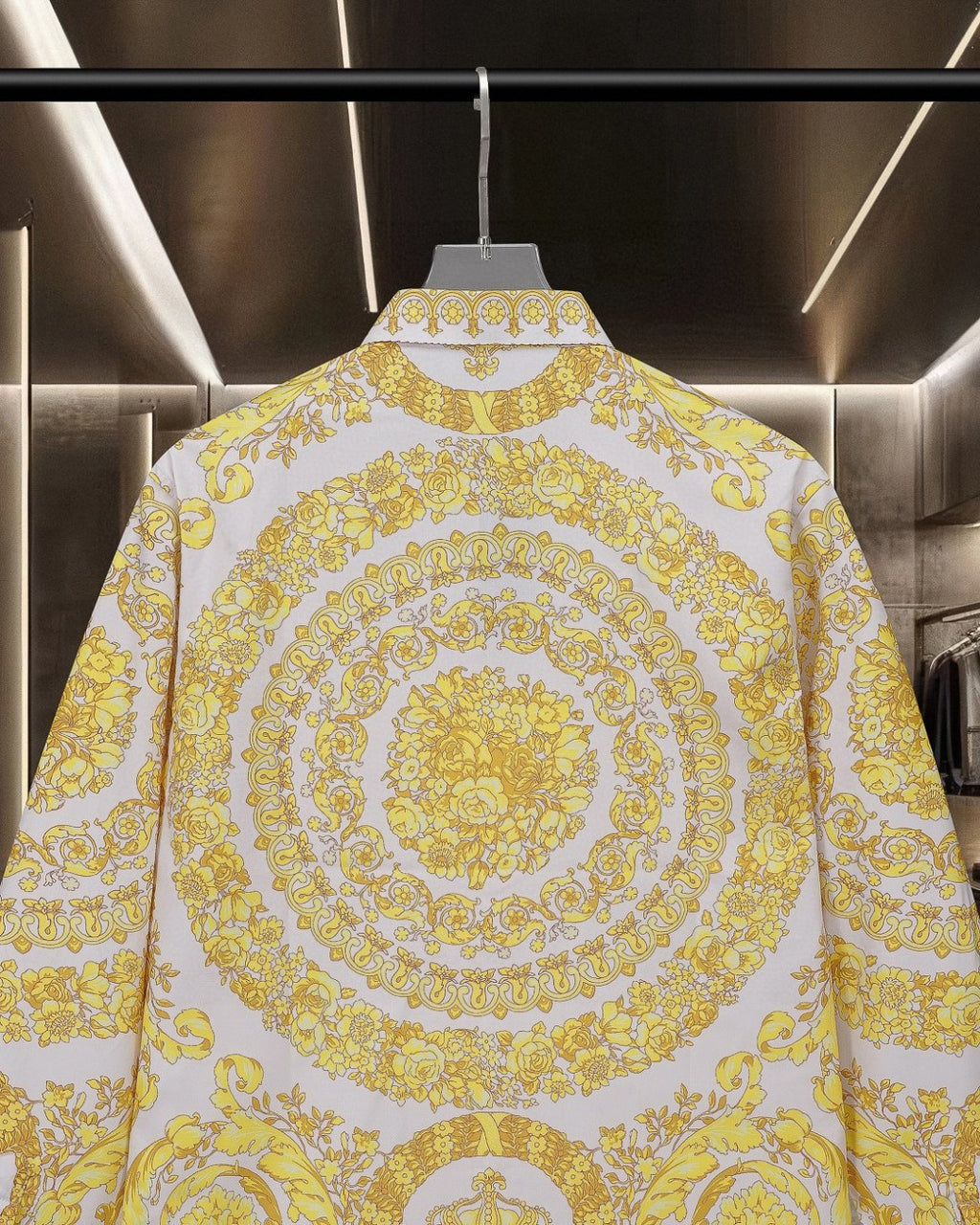 Versace baroque print shirt back, yellow ornate medallion and patterned yoke