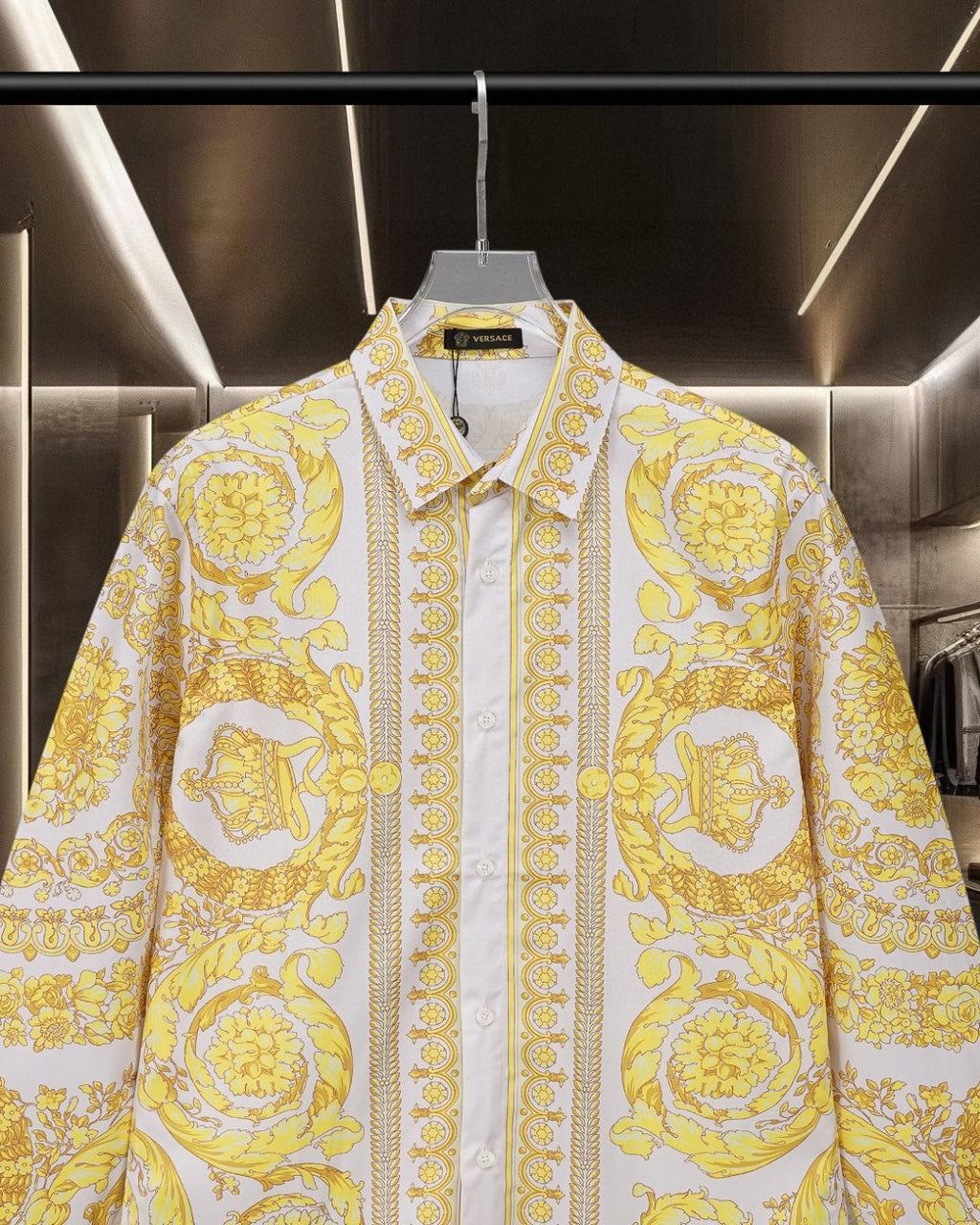 Versace baroque print shirt front, yellow medallions with central vertical stripe panel