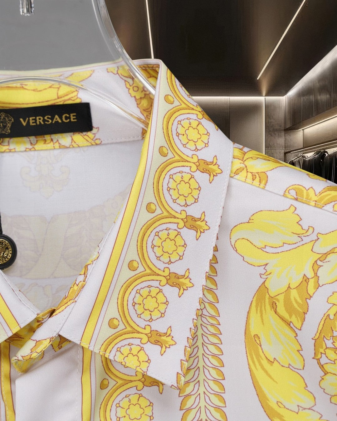 Versace shirt collar and shoulder with yellow scroll print and white striped trim