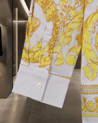 Versace long-sleeve button-up shirt with yellow baroque print on white cuff
