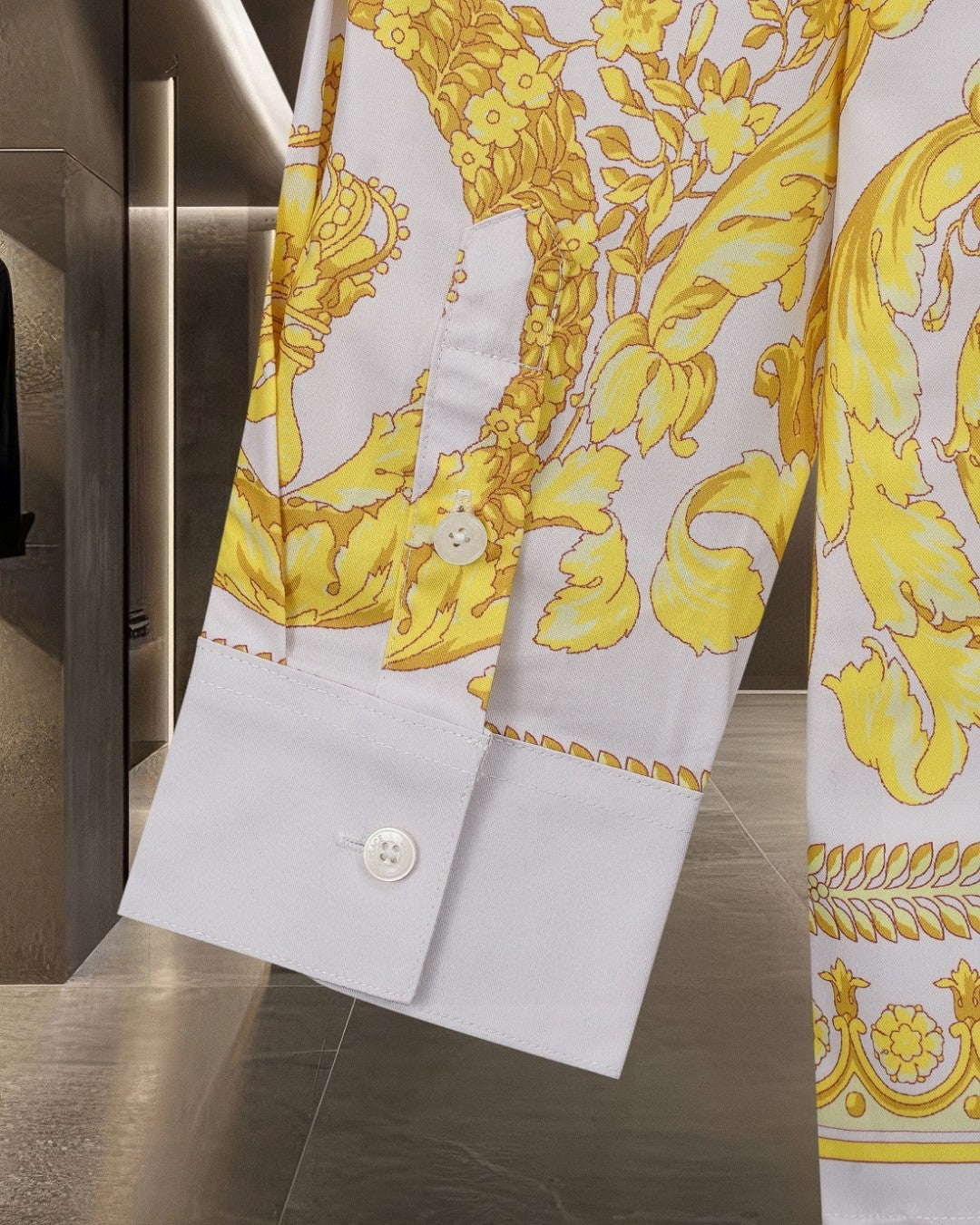 Versace long-sleeve button-up shirt with yellow baroque print on white cuff