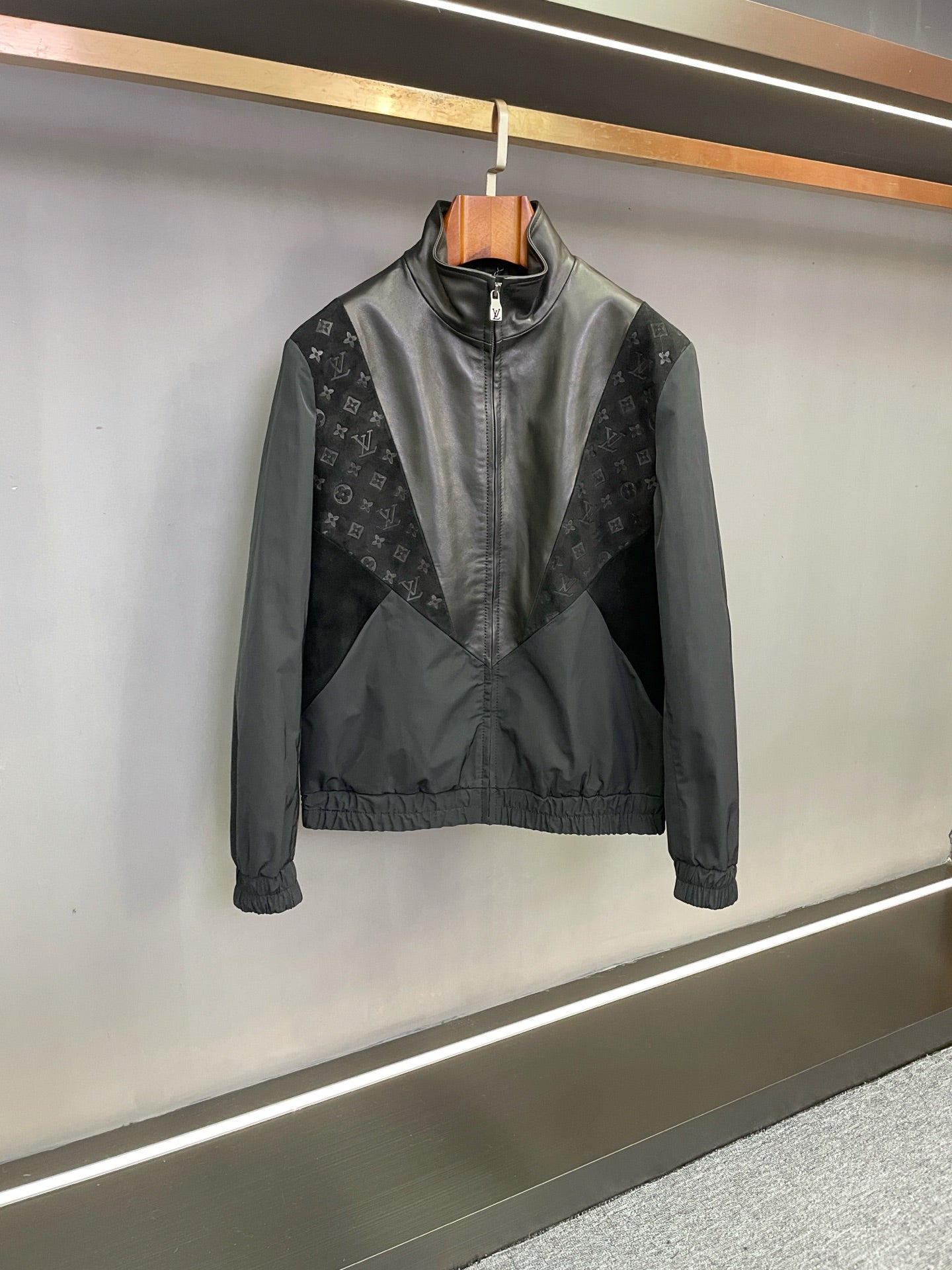 Louis Vuitton monogram windbreaker jacket, dark gray, full zip, stand collar