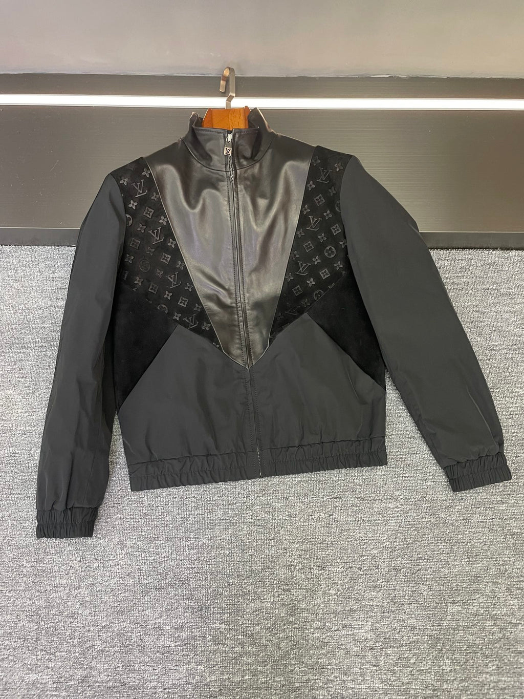 Louis Vuitton zip-front jacket with stand collar; black with monogram panels