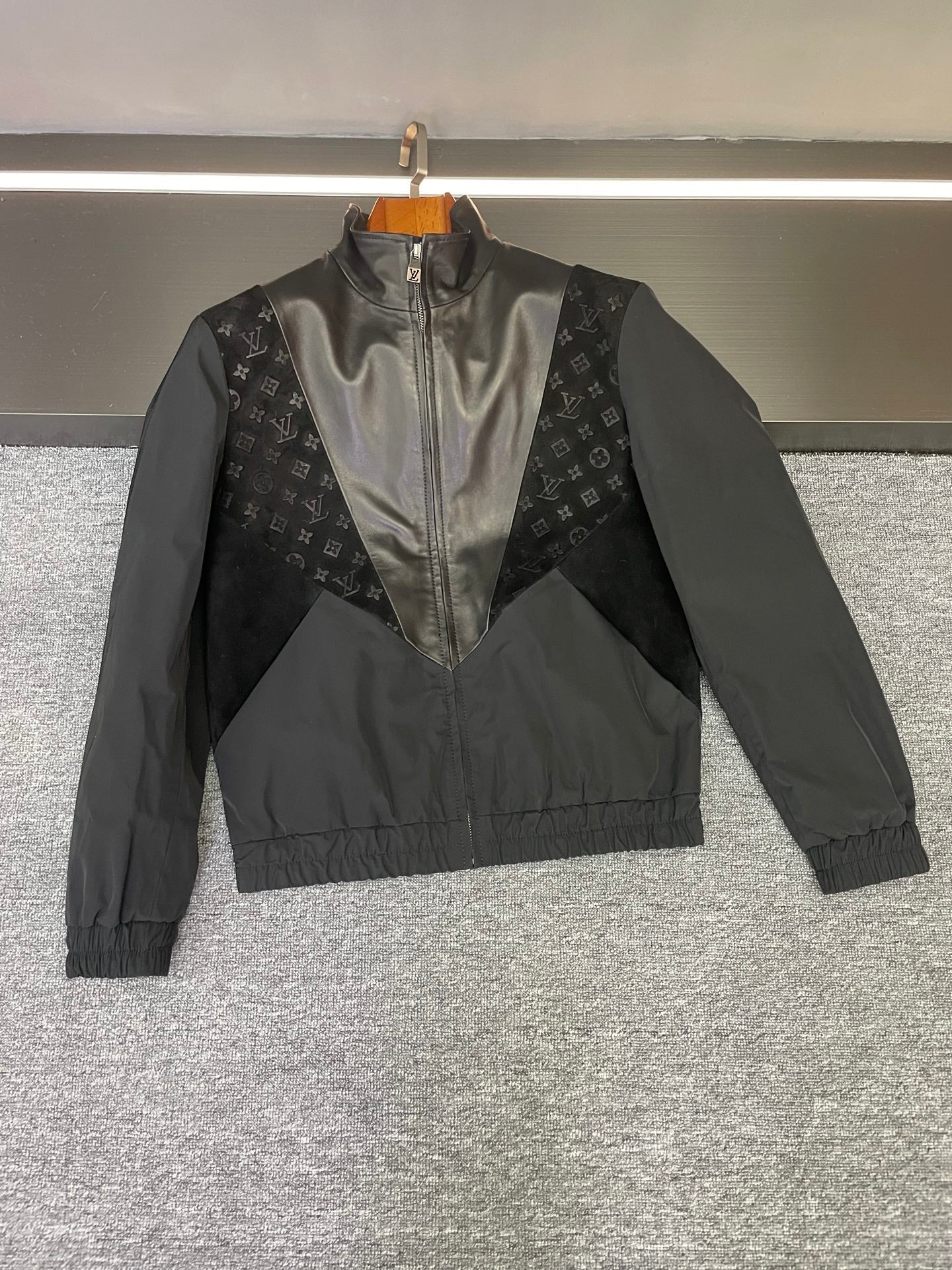 Louis Vuitton zip-front jacket with stand collar; black with monogram panels