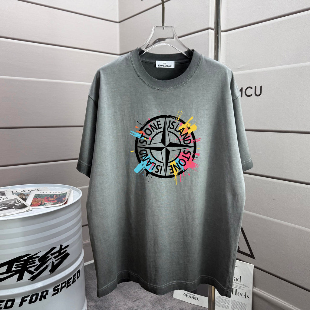 Grey short-sleeve T-shirt with multicolor chest logo graphic