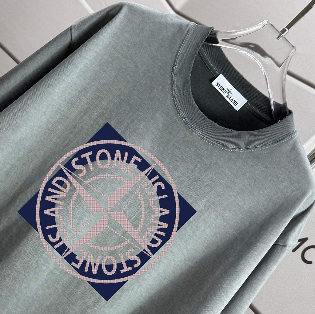 Grey T-shirt neckline and chest graphic print with circular logo