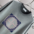 Grey T-shirt neckline and chest graphic print with circular logo