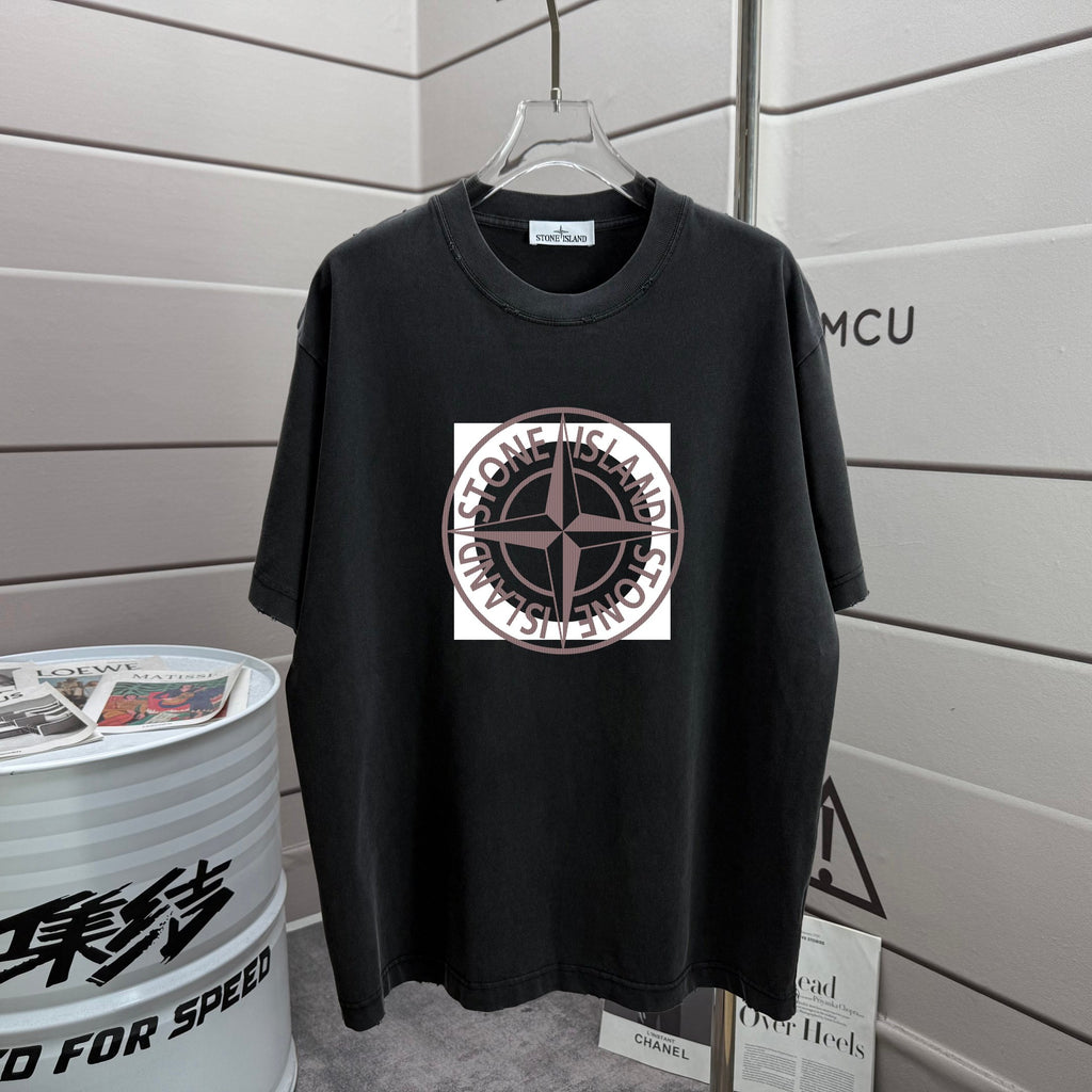 Stone Island black T-shirt with large circular chest logo print