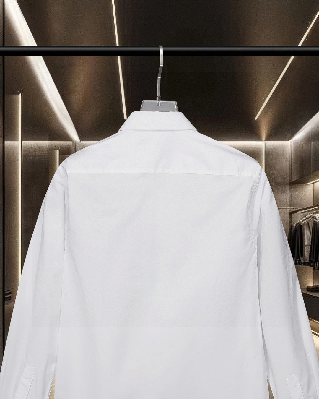 White Burberry button-up shirt, back view with yoke and buttons