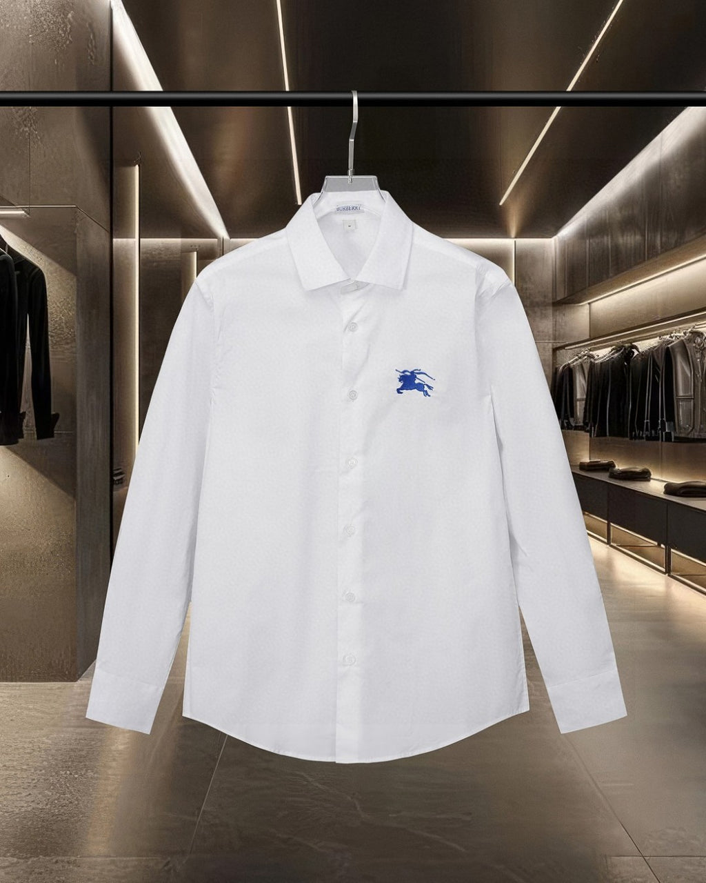 White Burberry button-up shirt with point collar and blue polo logo