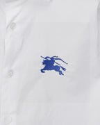 White Burberry shirt with blue horse rider emblem and buttoned placket