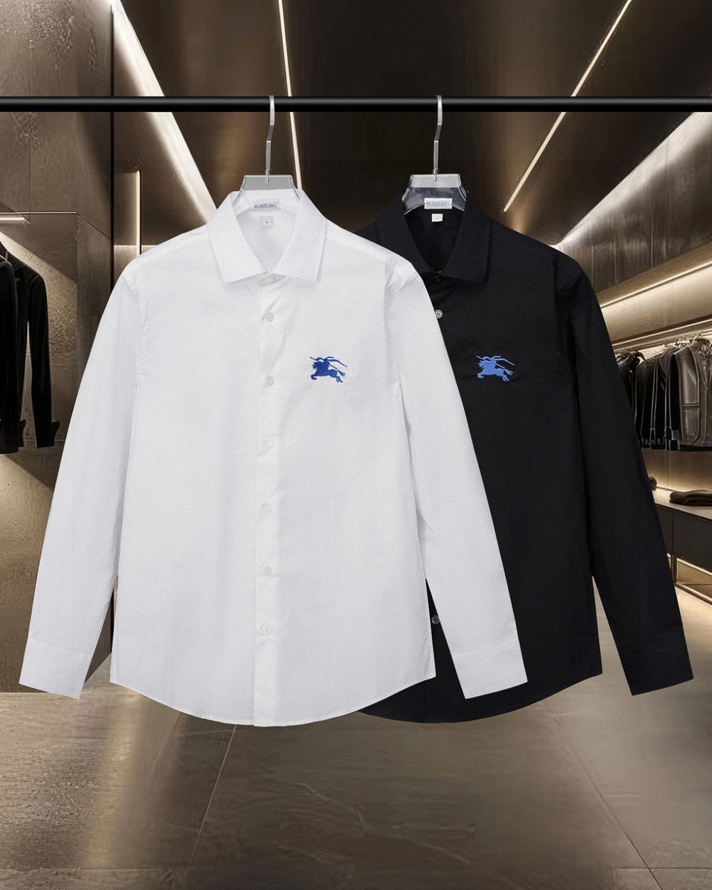 Burberry button-down dress shirt, white and black with embroidered logo