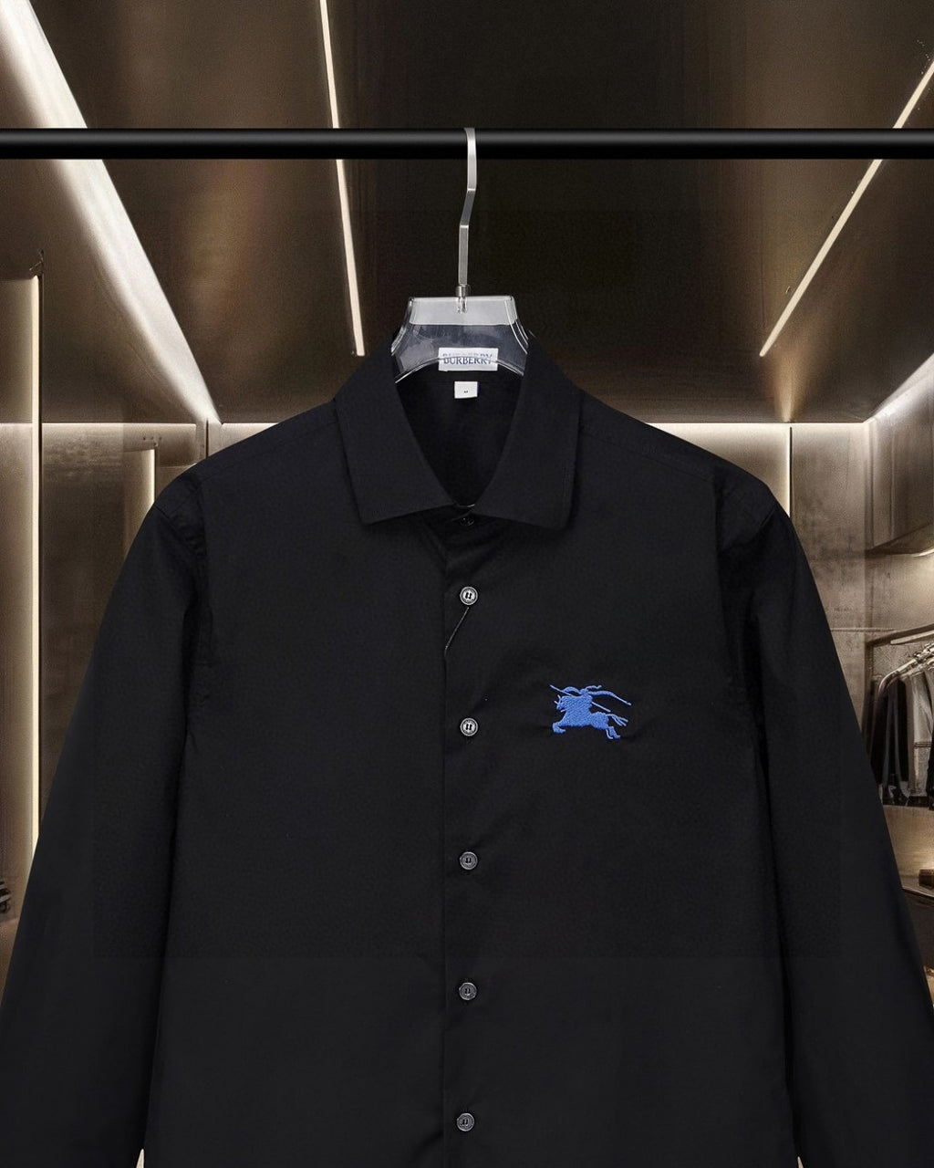 Burberry long-sleeve button-up shirt front, blue horse logo on chest