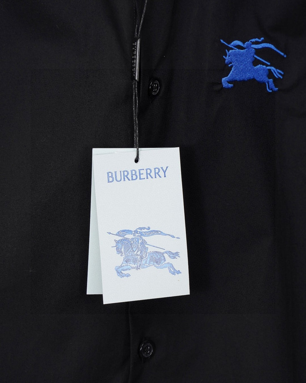 Burberry long-sleeve button-up shirt chest with blue horse logo and hanging tag