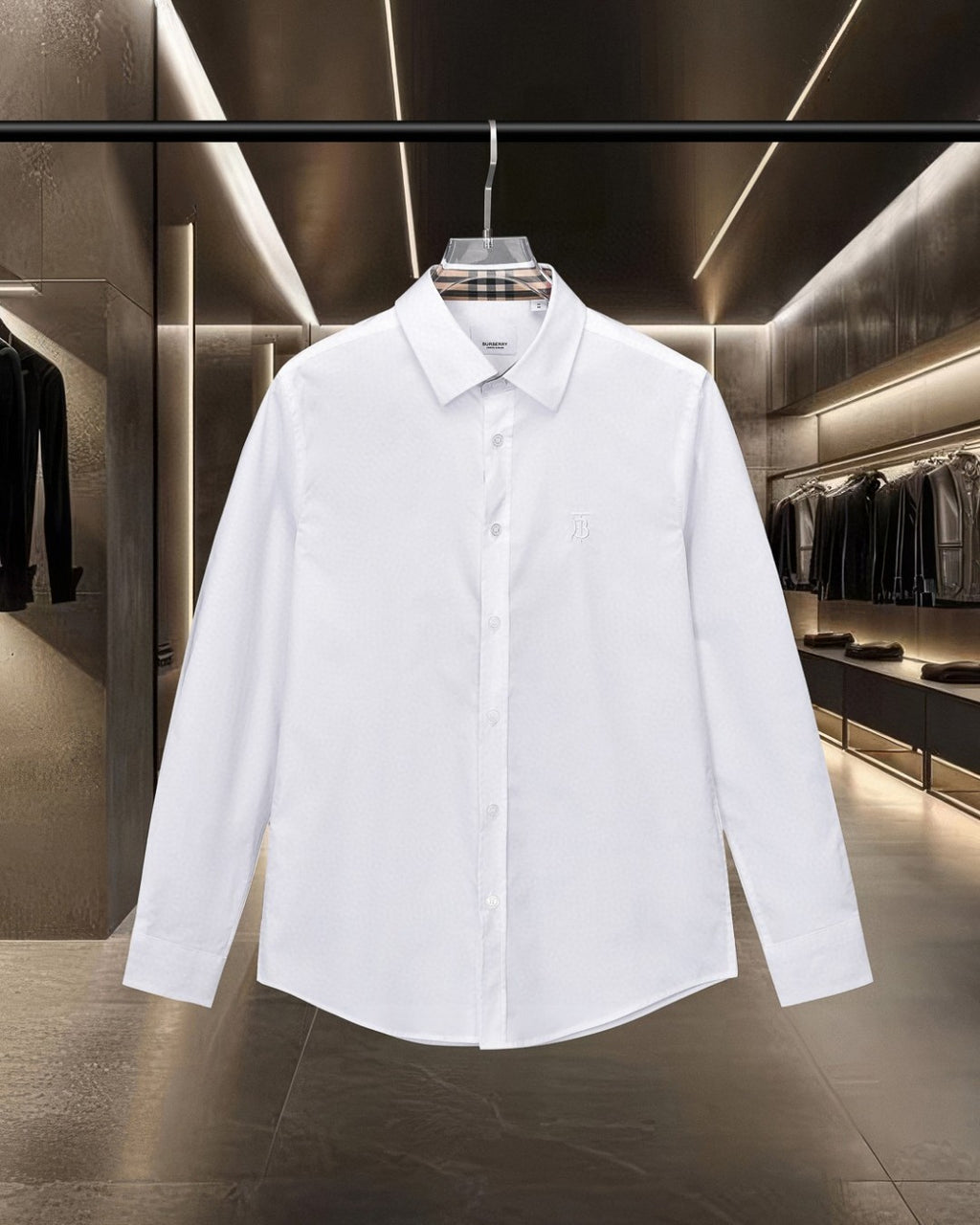 White Burberry long-sleeve dress shirt with button-front and pointed collar