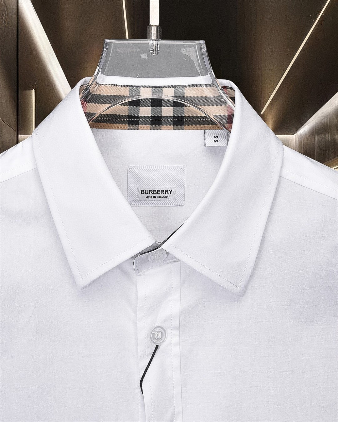 White Burberry dress shirt collar with button front and check-lined inner facing