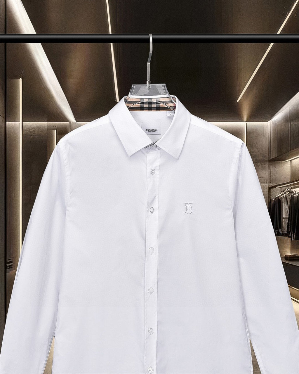 White Burberry long-sleeve dress shirt, front view with button placket and collar